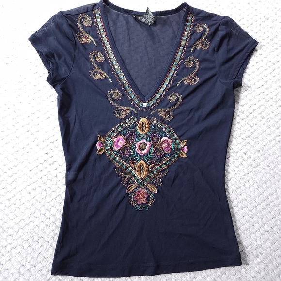 2010S Express Mesh Navy Floral Embroidered Beaded Top Sz XS - Picture 3 of 6